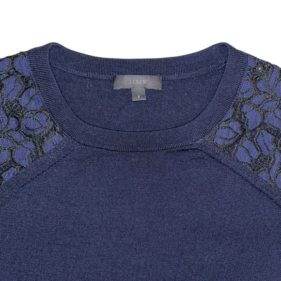 J Crew Navy Blue 100% Merino Wool Livhtweight Crewneck Sweater Lace Size Small - Picture 2 of 7